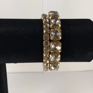 Square Faceted Rhinestone Gold Tone Elastic Bracelets Stackable Set 2 Wide Thin